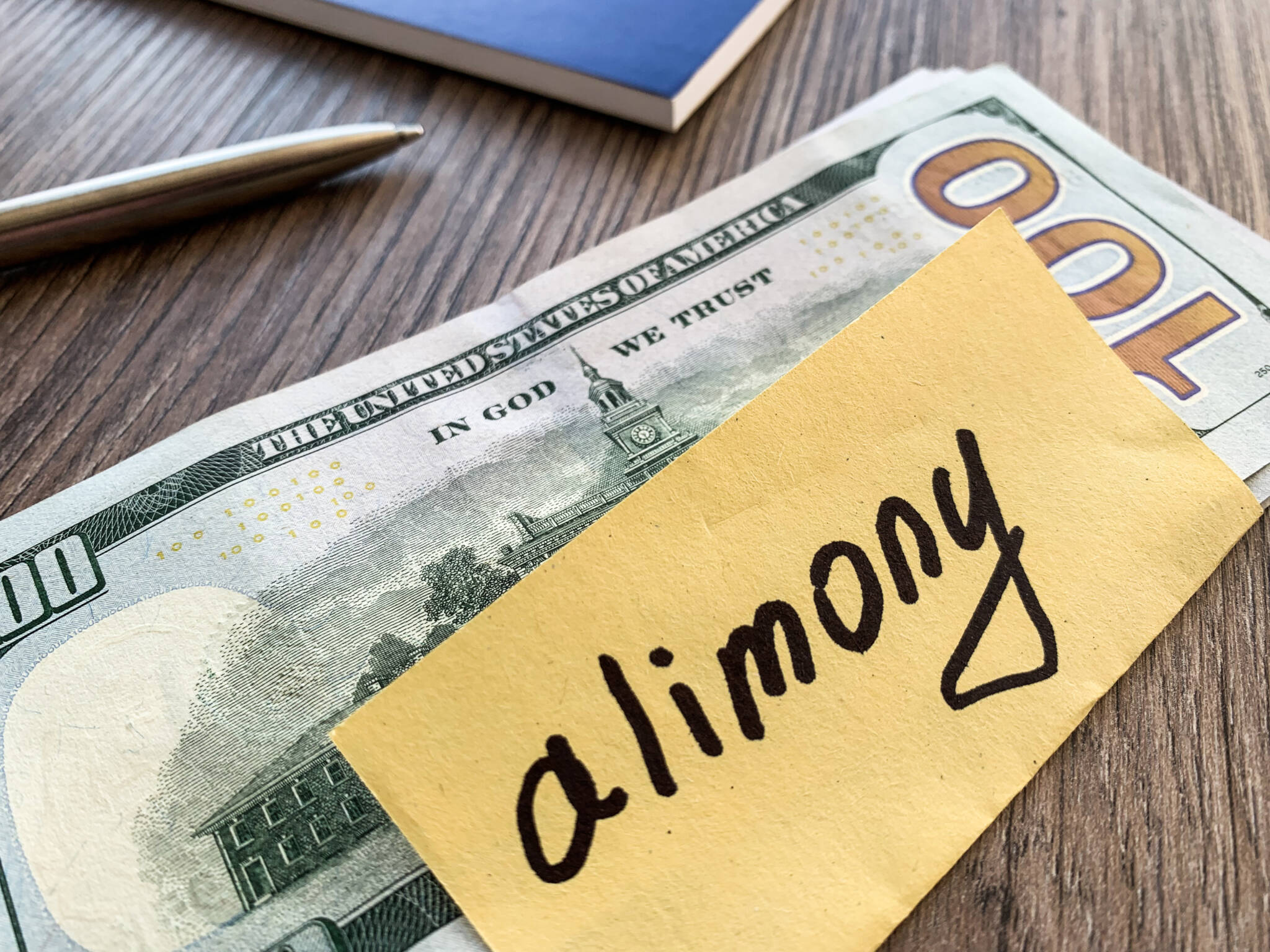 Payments Alimony. Pile Dollars With Sign Alimony And Money. Divorce And Separation Concept.