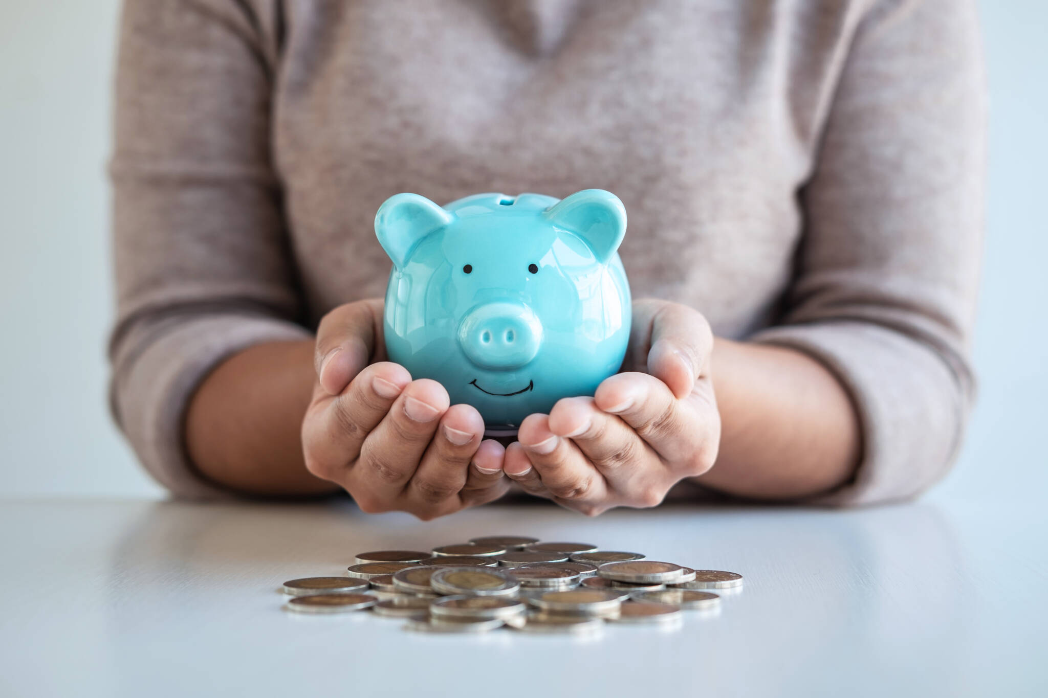 Young Woman Hands Protection Piggy Bank And Planning Growing Sav
